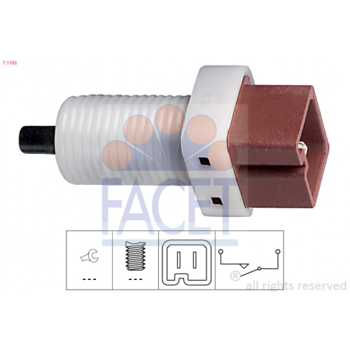 Switch, clutch control (cruise control) FACET 7.1192 technical information EAN:8012510007129 Model:Made in Italy – OE Equivalent Operating Mode:mechanical Trade numbers:EPS 1.810.192, KW 510 192 Brand class:Price/Performance Manufacturer:FACET Manufacturer Part Number:7.1192